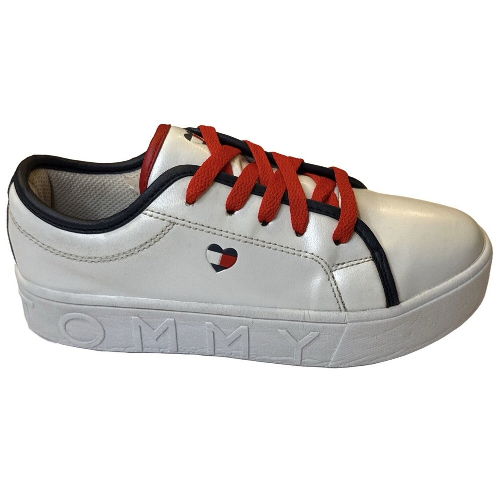 Tommy Hilfiger Girls Platform Sneakers Size 3 Youth White Red Laces Heart Logo